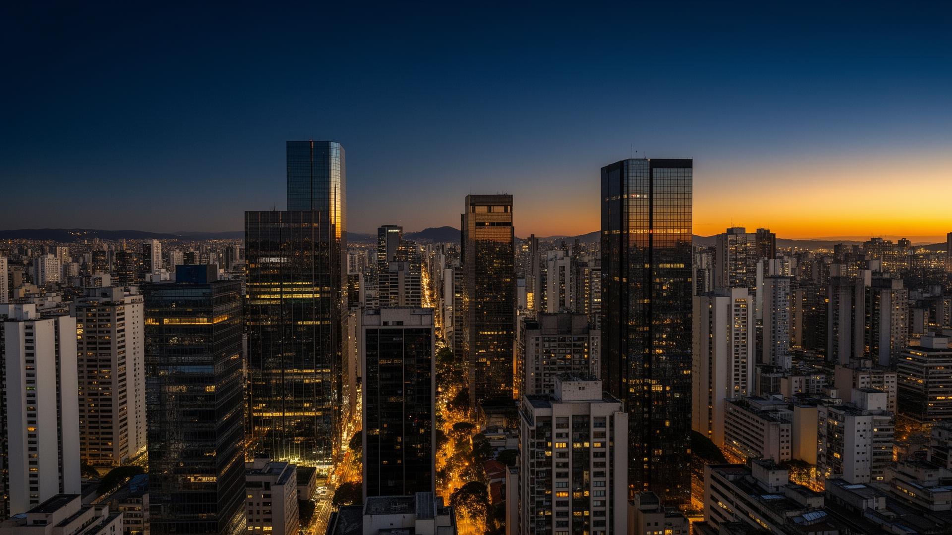 Skyline corporativo brasileiro ao entardecer